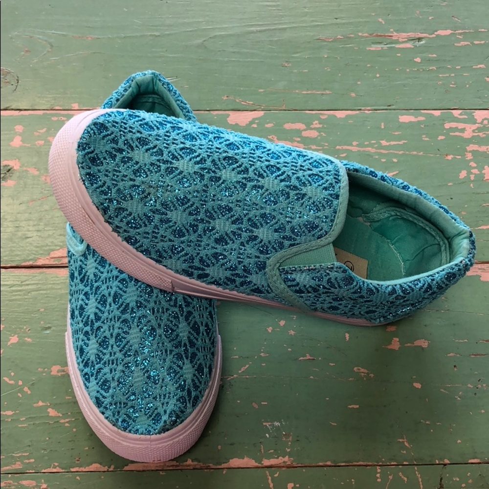 NEW WOMENS LACE GLITTER TURQUOISE GLITTER SLIP ON